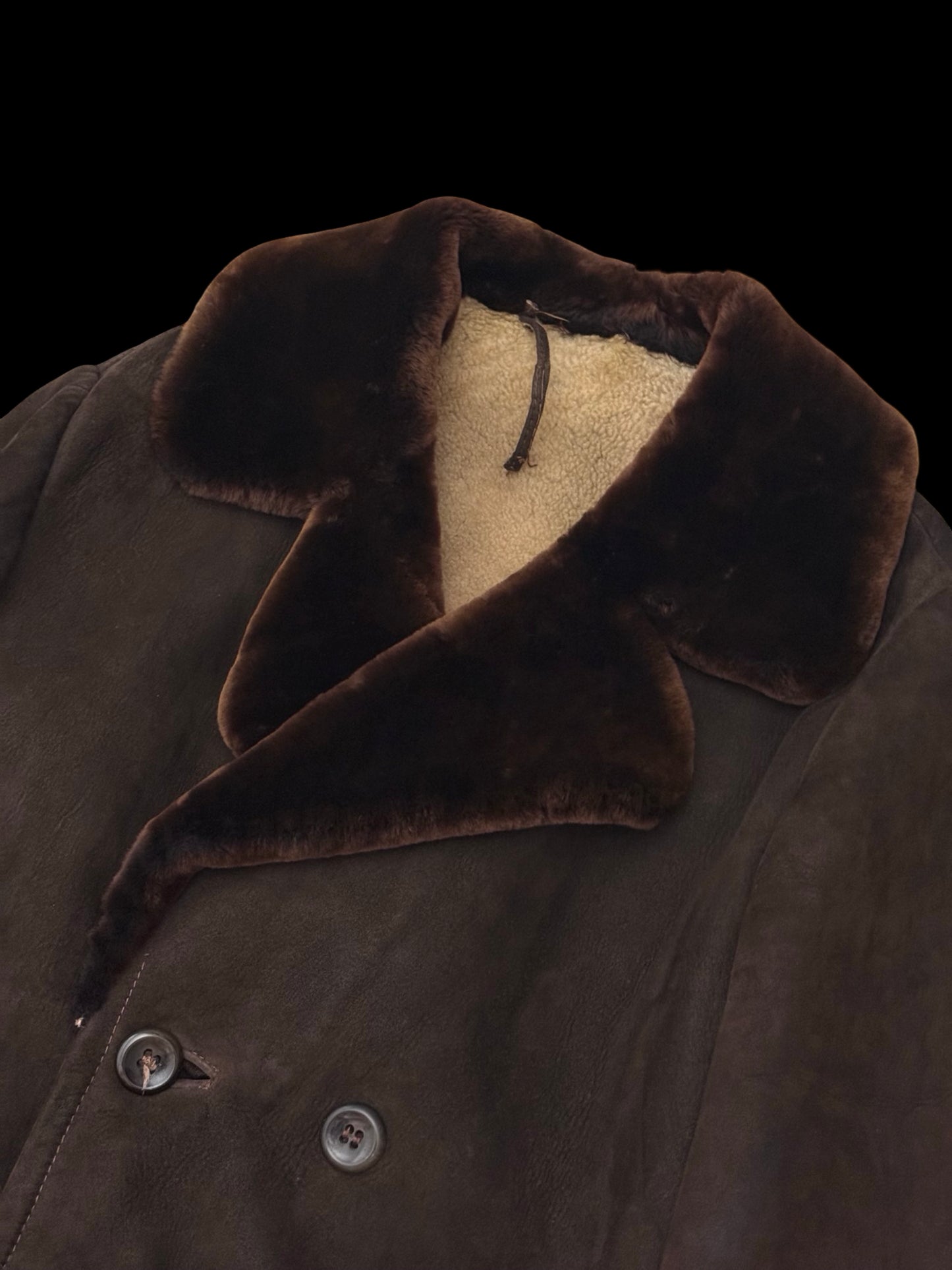 Vintage Men’s Double Breasted Sheepskin Overcoat 46” Dark Brown Back Belt