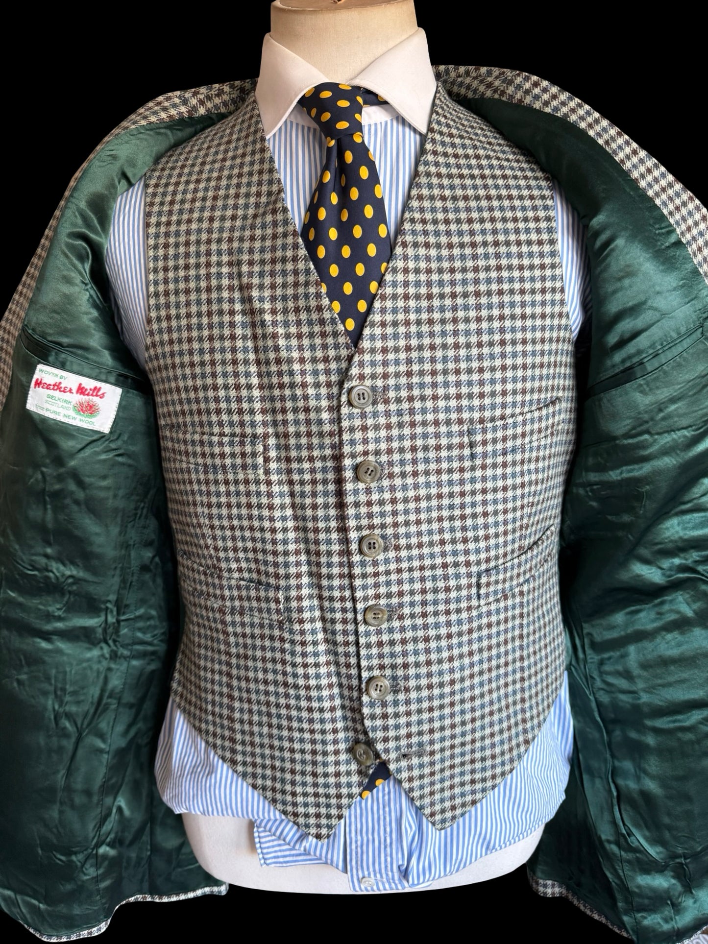Vintage Bespoke 3 Piece Tweed Suit 40L / W34” Gun Club Check Scottish Tweed