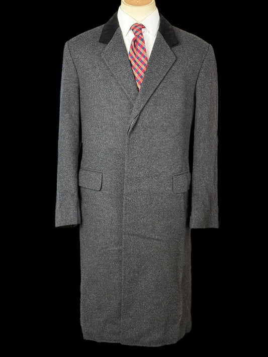 Men’s Bespoke Flannel Overcoat 42” Grey Wool Cashmere Velvet Collar