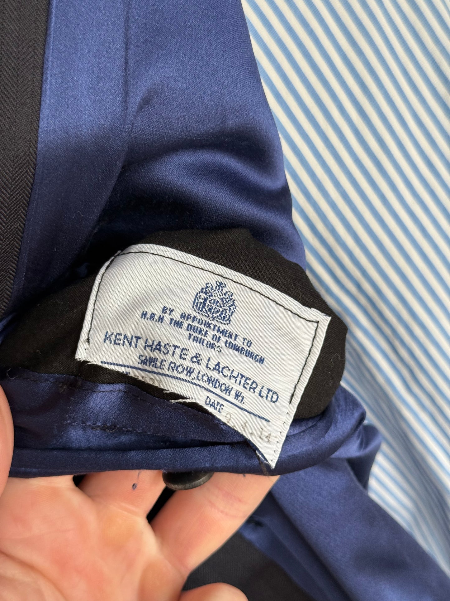 Bespoke Kent & Haste Savile Row Double Breasted Navy Herringbone Blazer 43R Pure Silk Lining