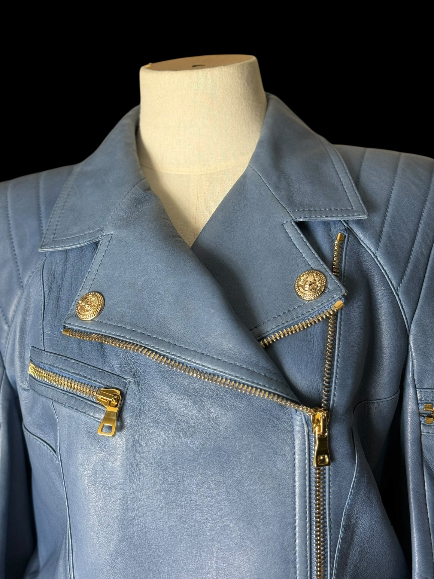 Women’s Balmain Blue Leather Biker Jacket FR42 Large RRP £2k+