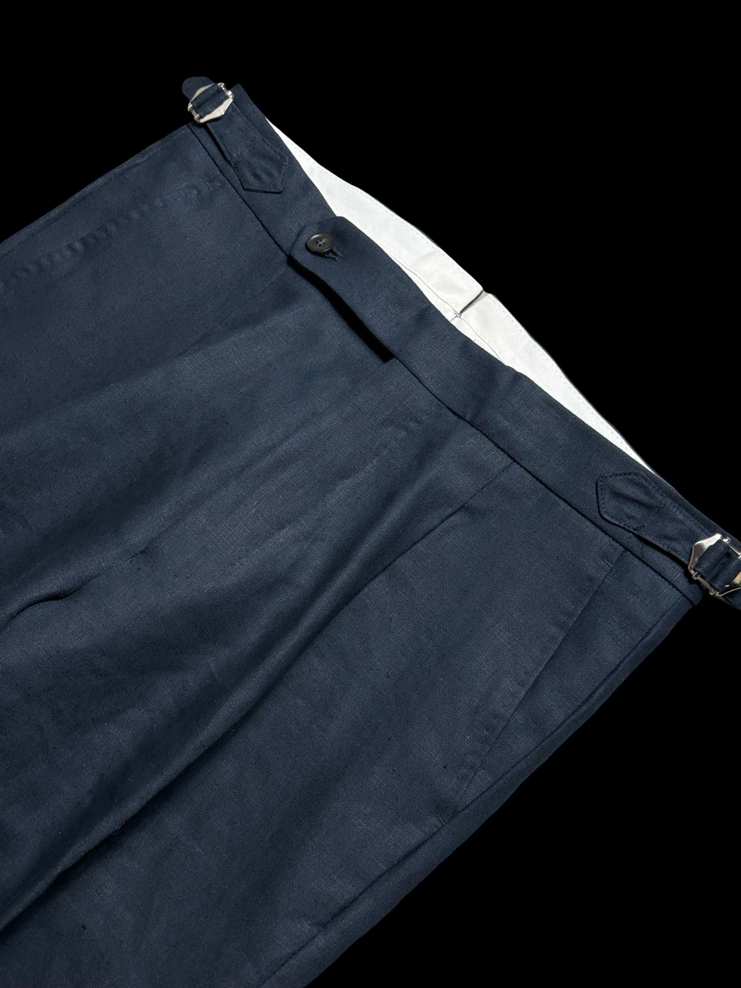 Natalino Single Pleat Navy Irish Linen Trousers W30R Side Adjusters RRP £200