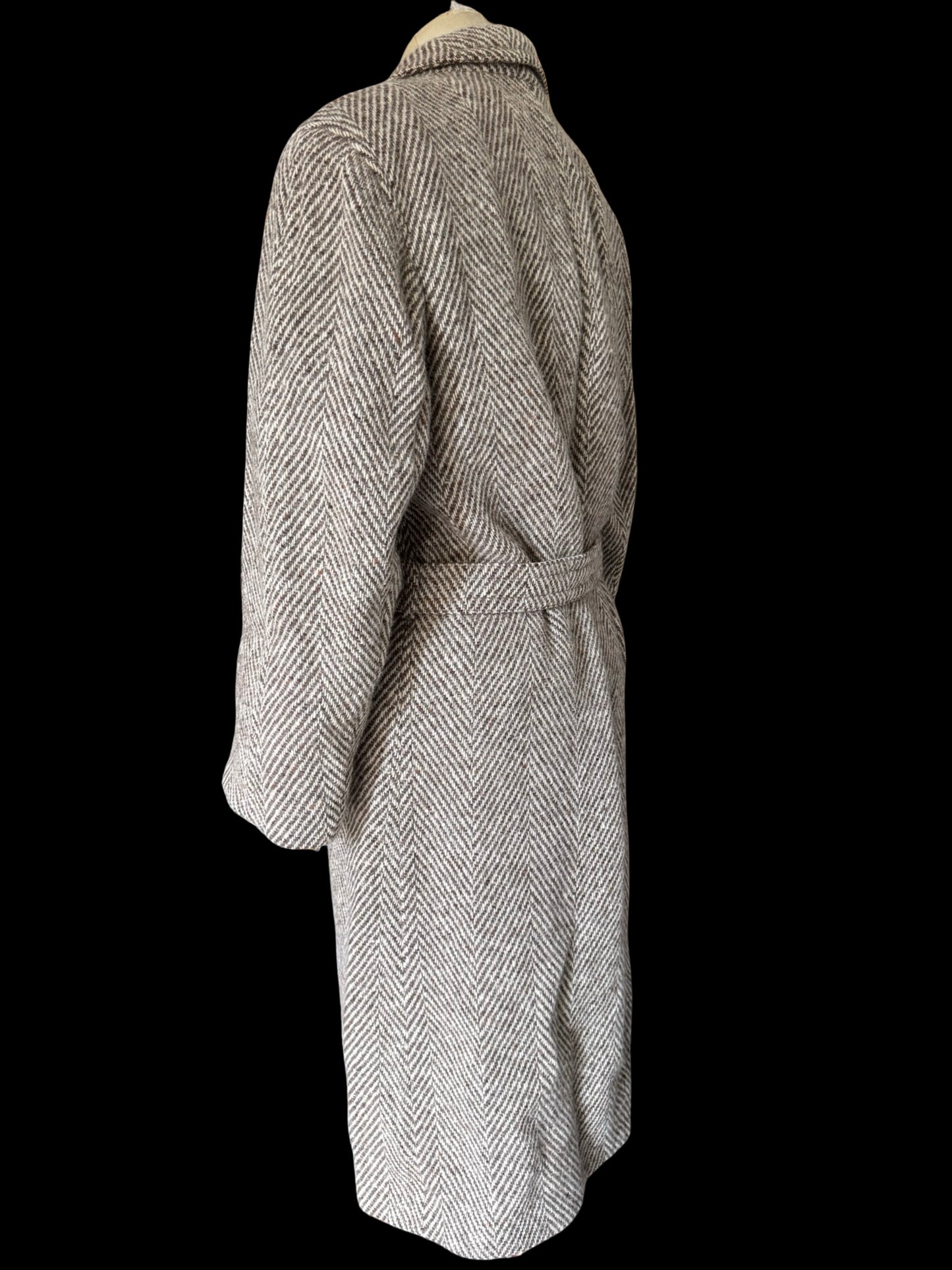 Bespoke Herringbone Tweed Belted Overcoat 44R Brown Beige