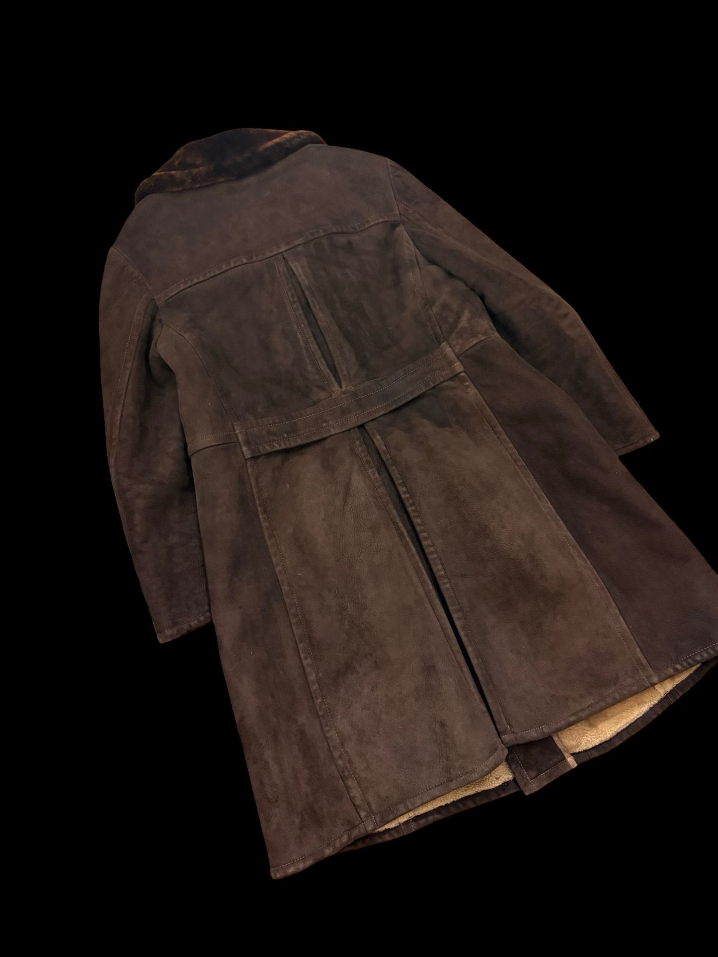 Vintage Men’s Double Breasted Sheepskin Overcoat 46” Dark Brown Back Belt