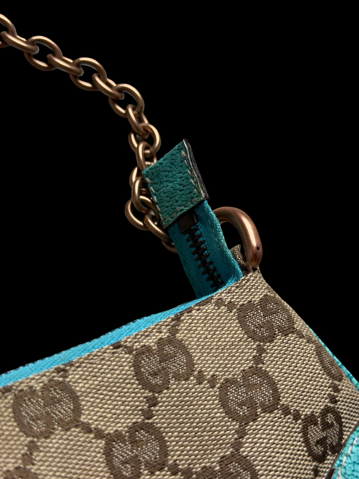 Vintage Gucci GG Canvas Nailhead Pochette Bag Brown/Turquoise Y2k Era Rare