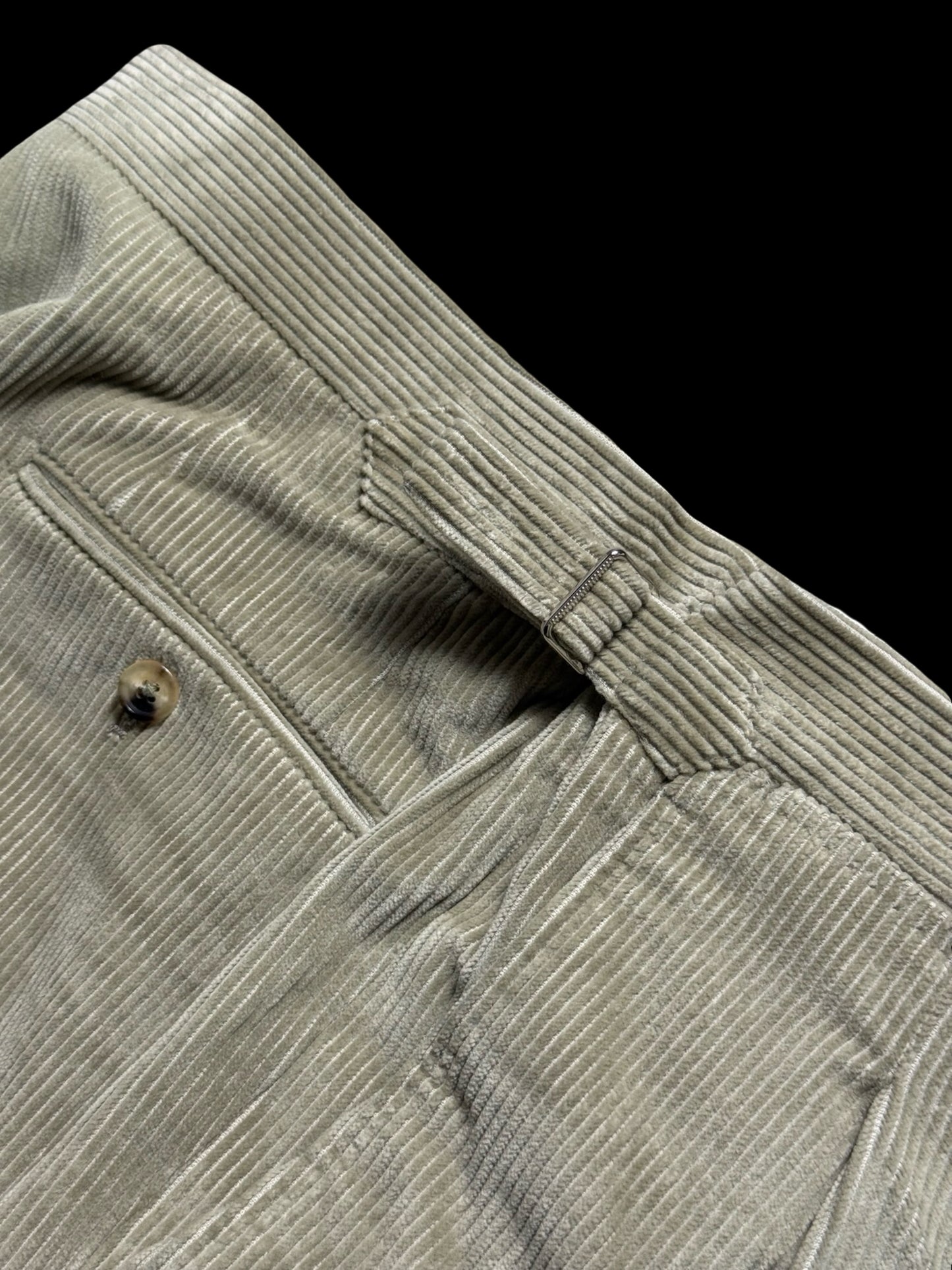 P. Johnson Sage Thick Corduroy Pleat Front Trousers W32-34” Short