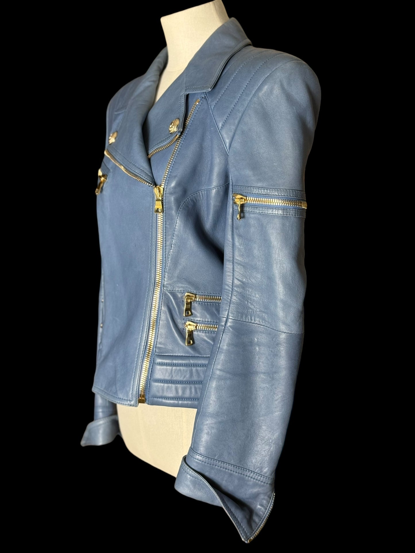 Women’s Balmain Blue Leather Biker Jacket FR42 Large RRP £2k+