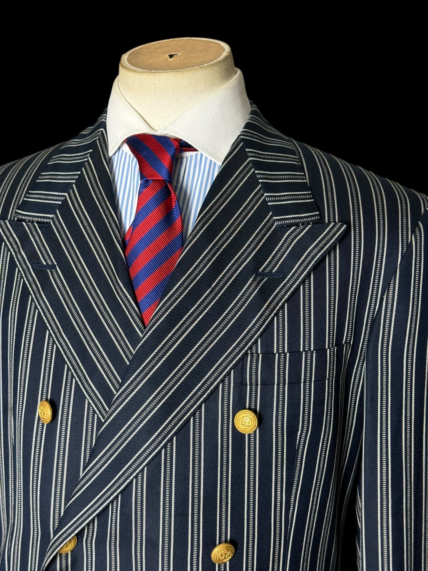 Vintage Chester Barrie Pure Silk Double Breasted Striped Blazer 42R Gold Buttons