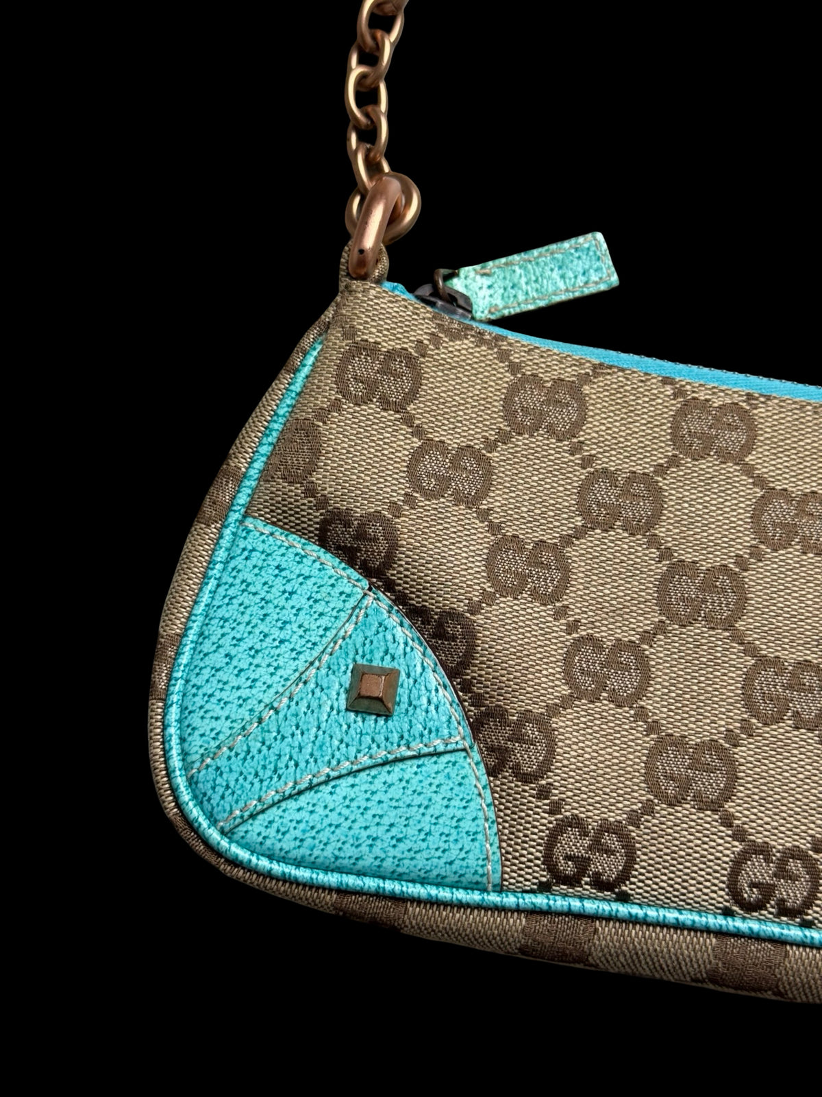 Vintage Gucci GG Canvas Nailhead Pochette Bag Brown/Turquoise Y2k Era Rare
