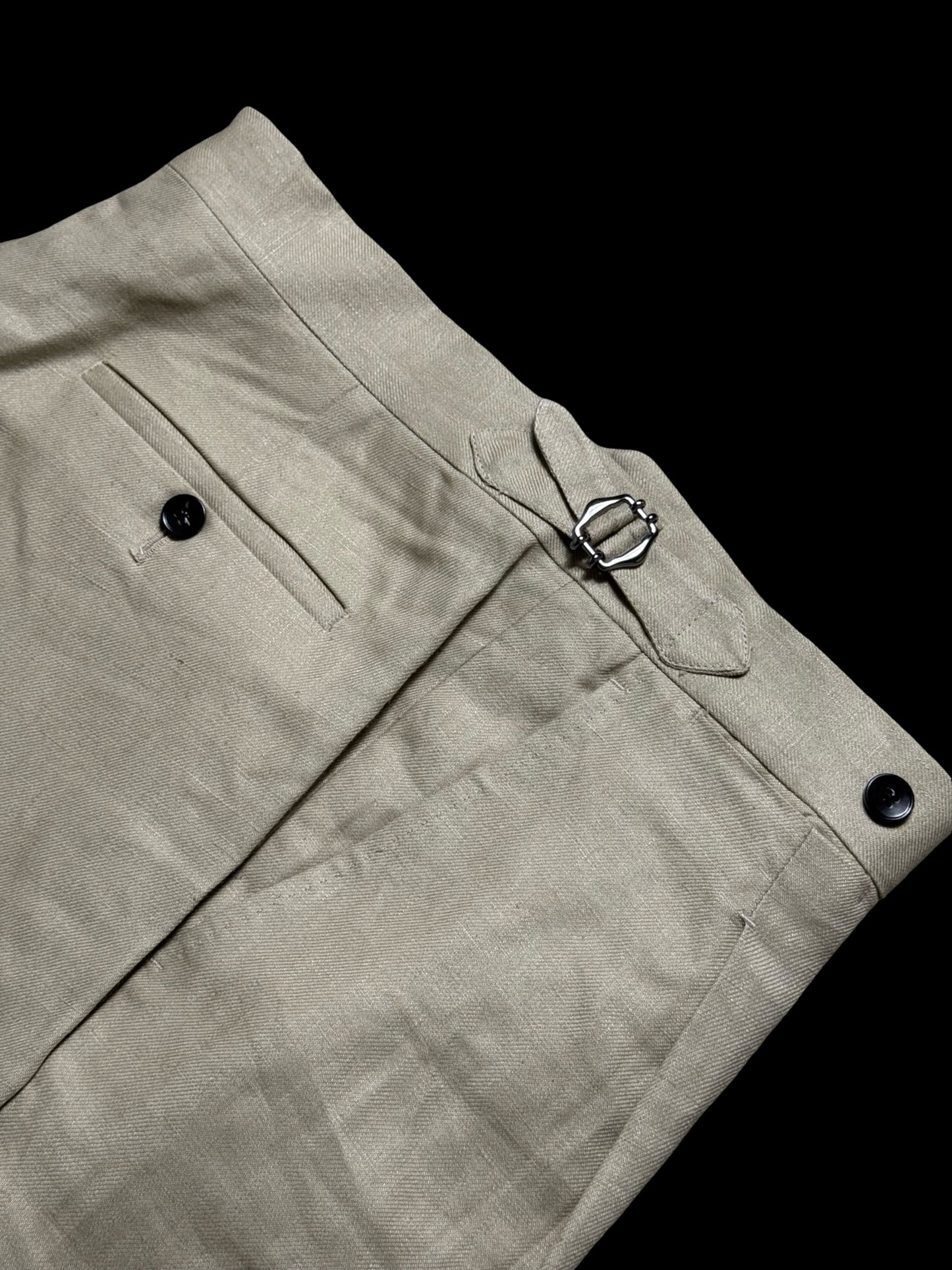 Natalino Single Pleat Khaki Irish Linen Trousers W32S Side Adjusters RRP £200