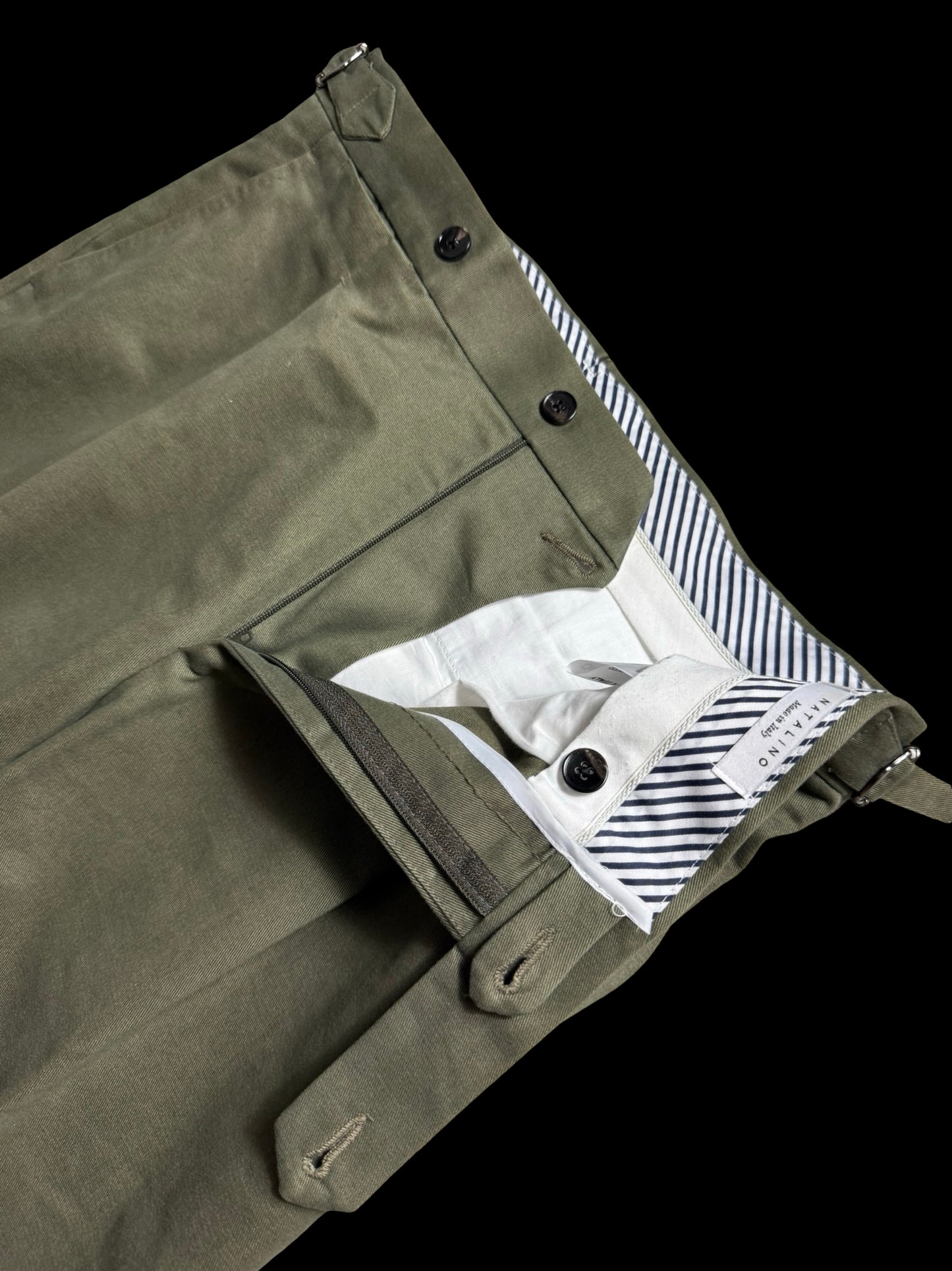 Natalino Pleat Front Military Green Trousers W32S Cotton Drill RRP £165