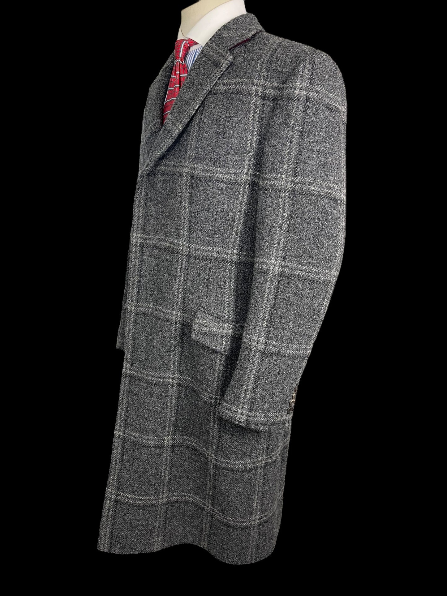 Jasper Littman Savile Row Tweed Overcoat 42R Grey Check Made To Measure