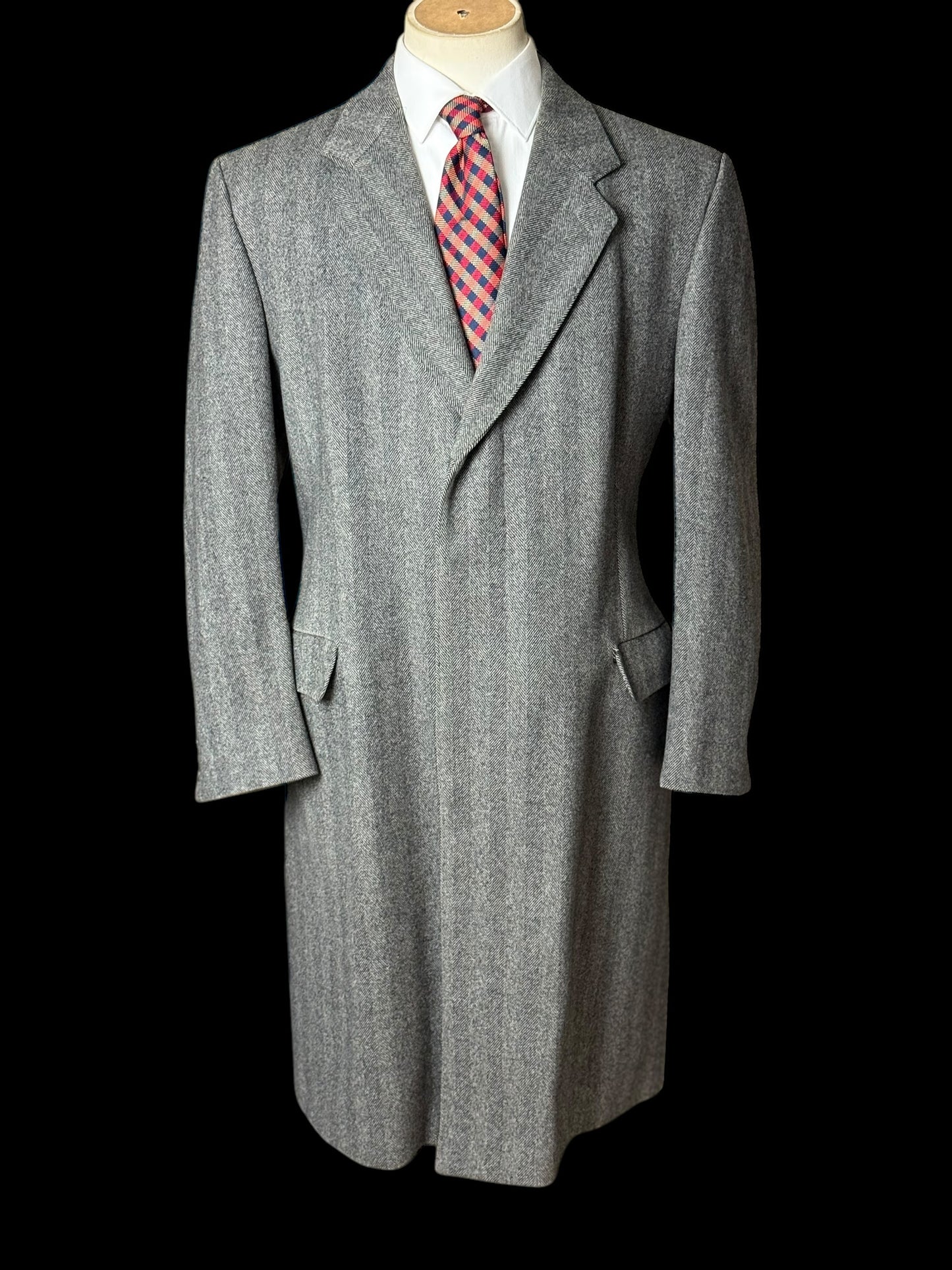 Men’s Manford Made In Ireland Herringbone Overcoat 42” Grey Pure New Wool