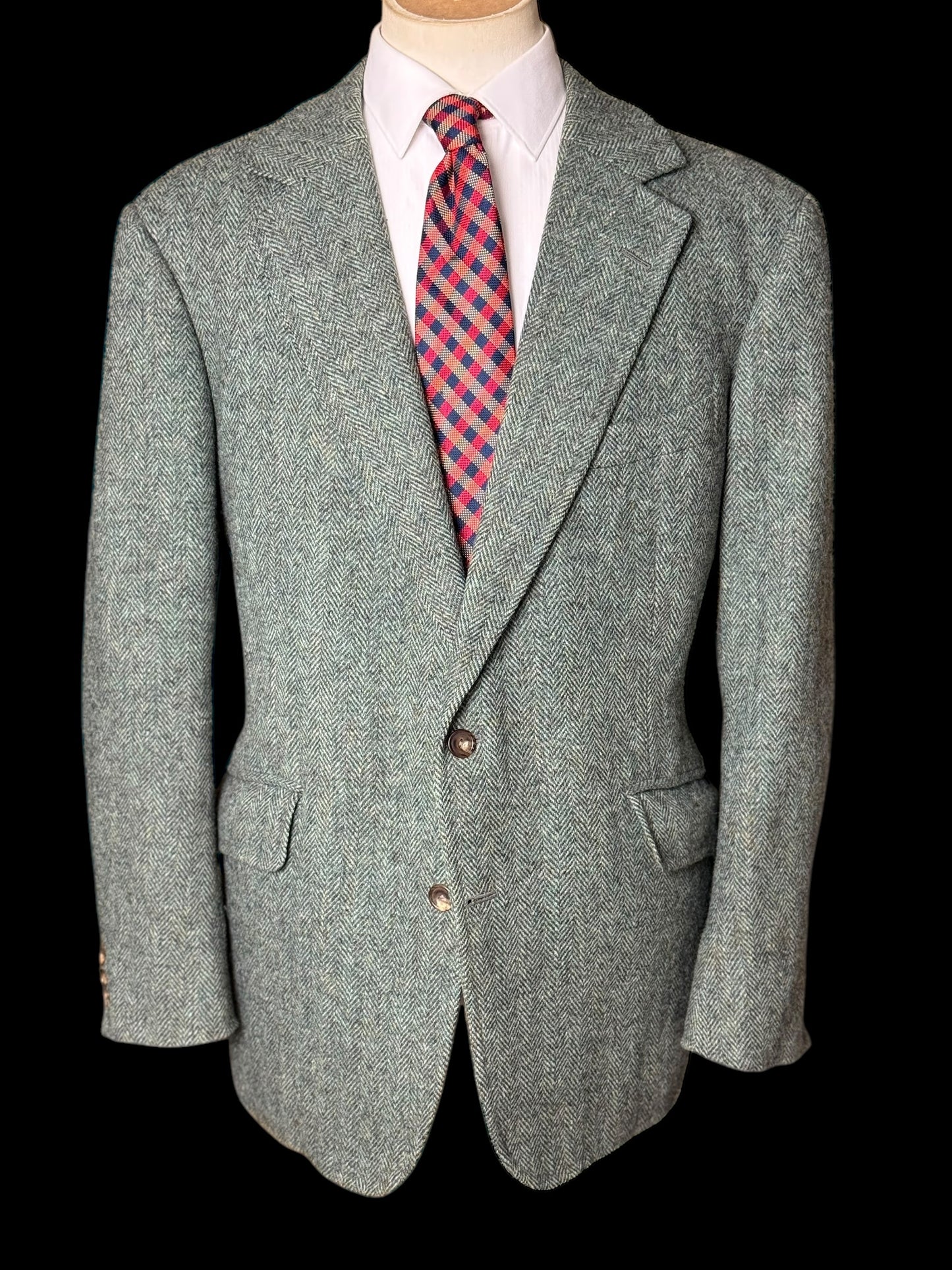 Bespoke Henry Poole Savile Row Tweed Sport Coat 44S/R Herringbone Green 1978