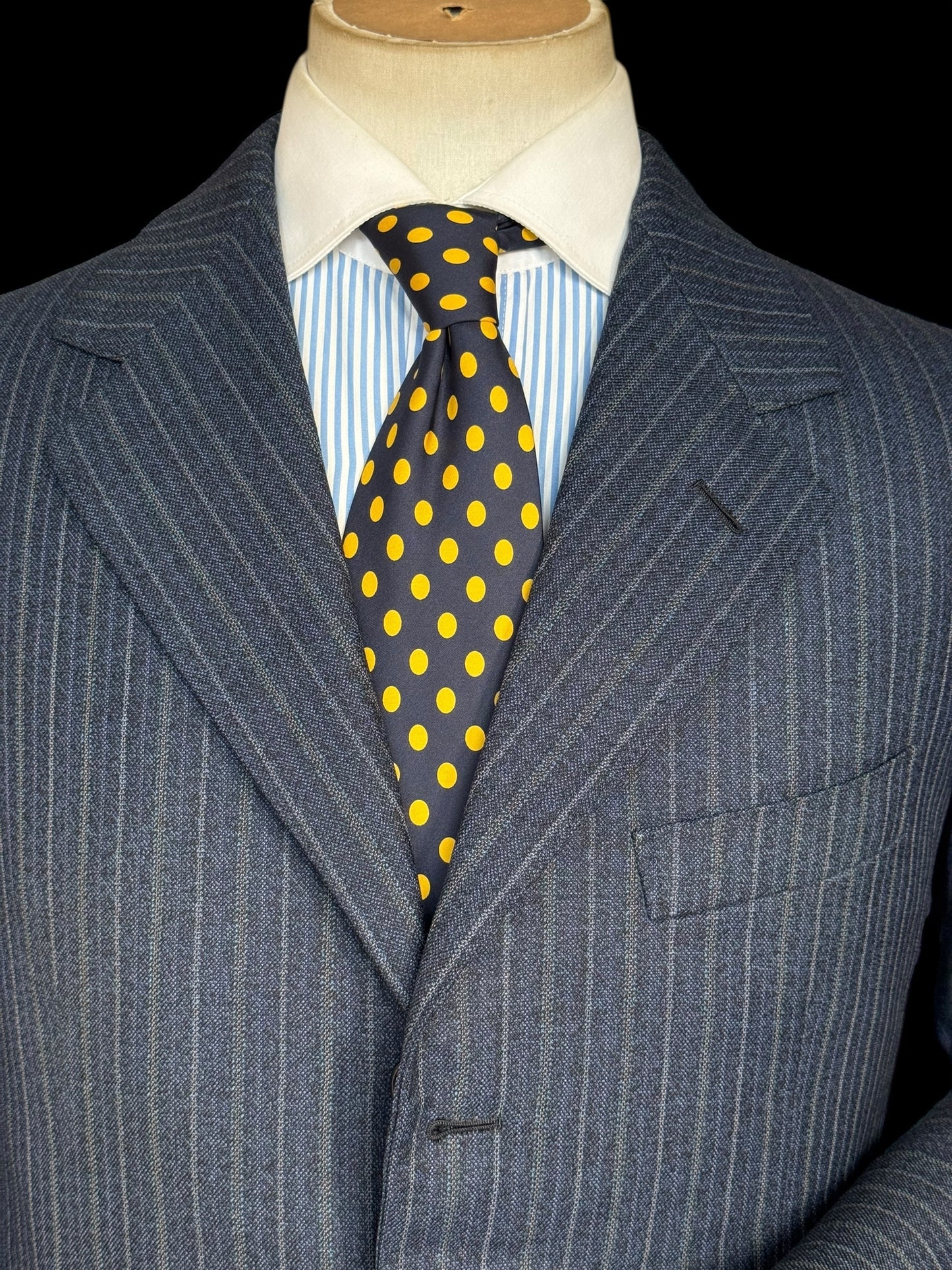 Bespoke Tommy Giulio Caraceni Blue Stripe Heavy Wool Suit 42S/ W34” 1940’s Style