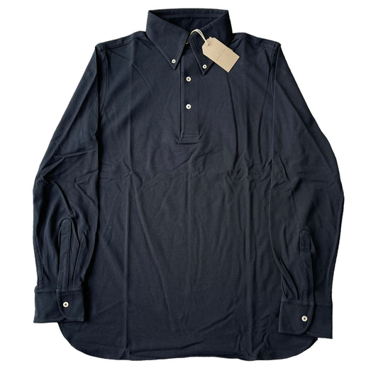 BNWT Natalino Long Sleeve Polo Shirt Large Navy Pique Cotton Button Down Collar