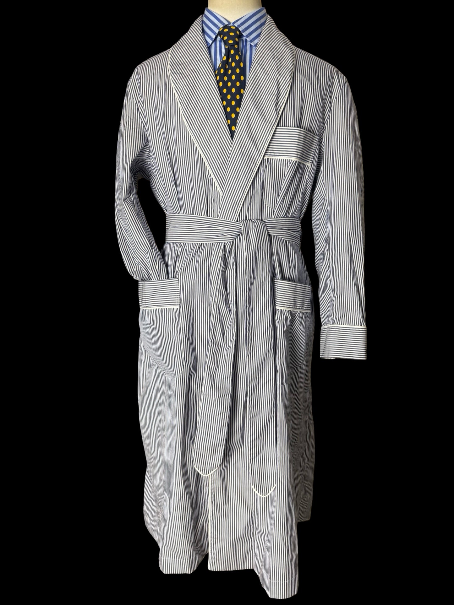 Turnbull & Asser Dressing Gown Size L Navy & White Poplin Cotton RRP £350
