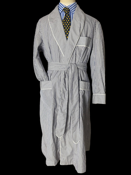 Turnbull & Asser Dressing Gown Size L Navy & White Poplin Cotton RRP £350