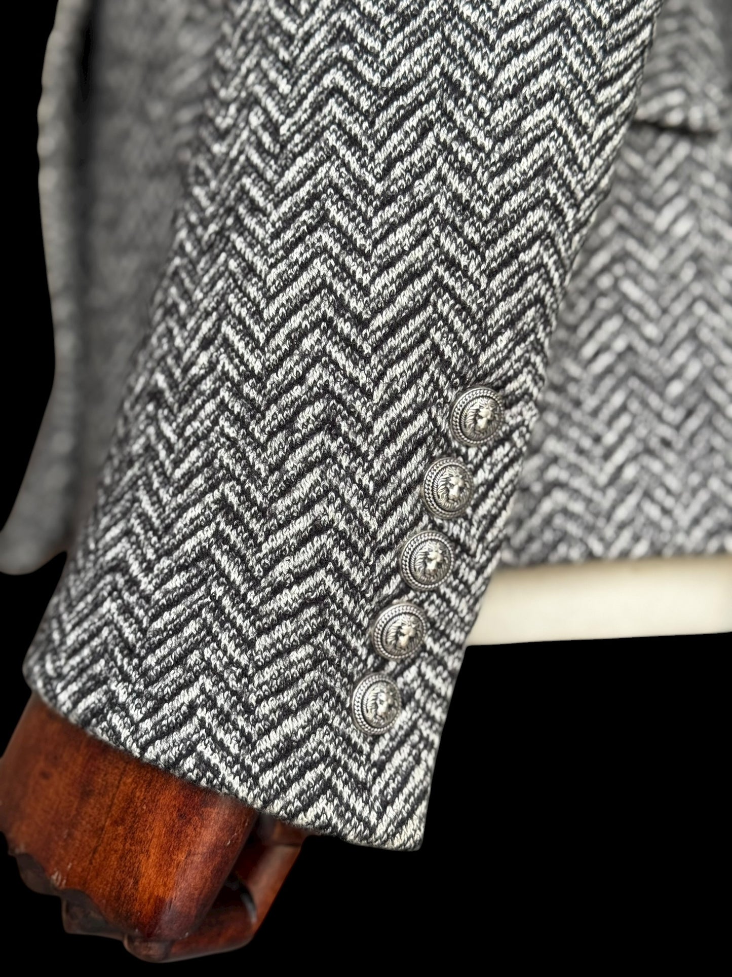 Balmain Double Breasted Black White Herringbone Tweed Fitted Blazer 44 RRP £2k+