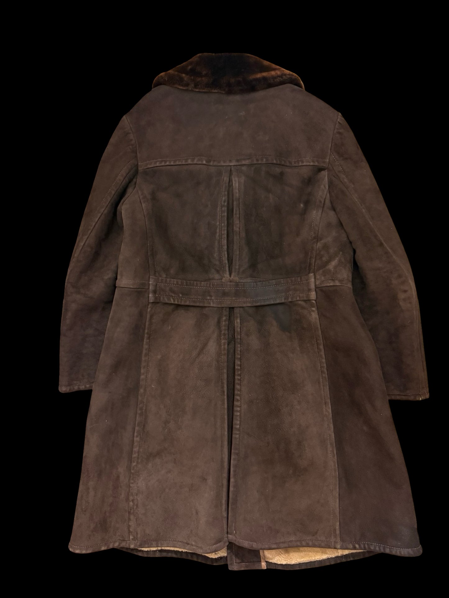 Vintage Men’s Double Breasted Sheepskin Overcoat 46” Dark Brown Back Belt
