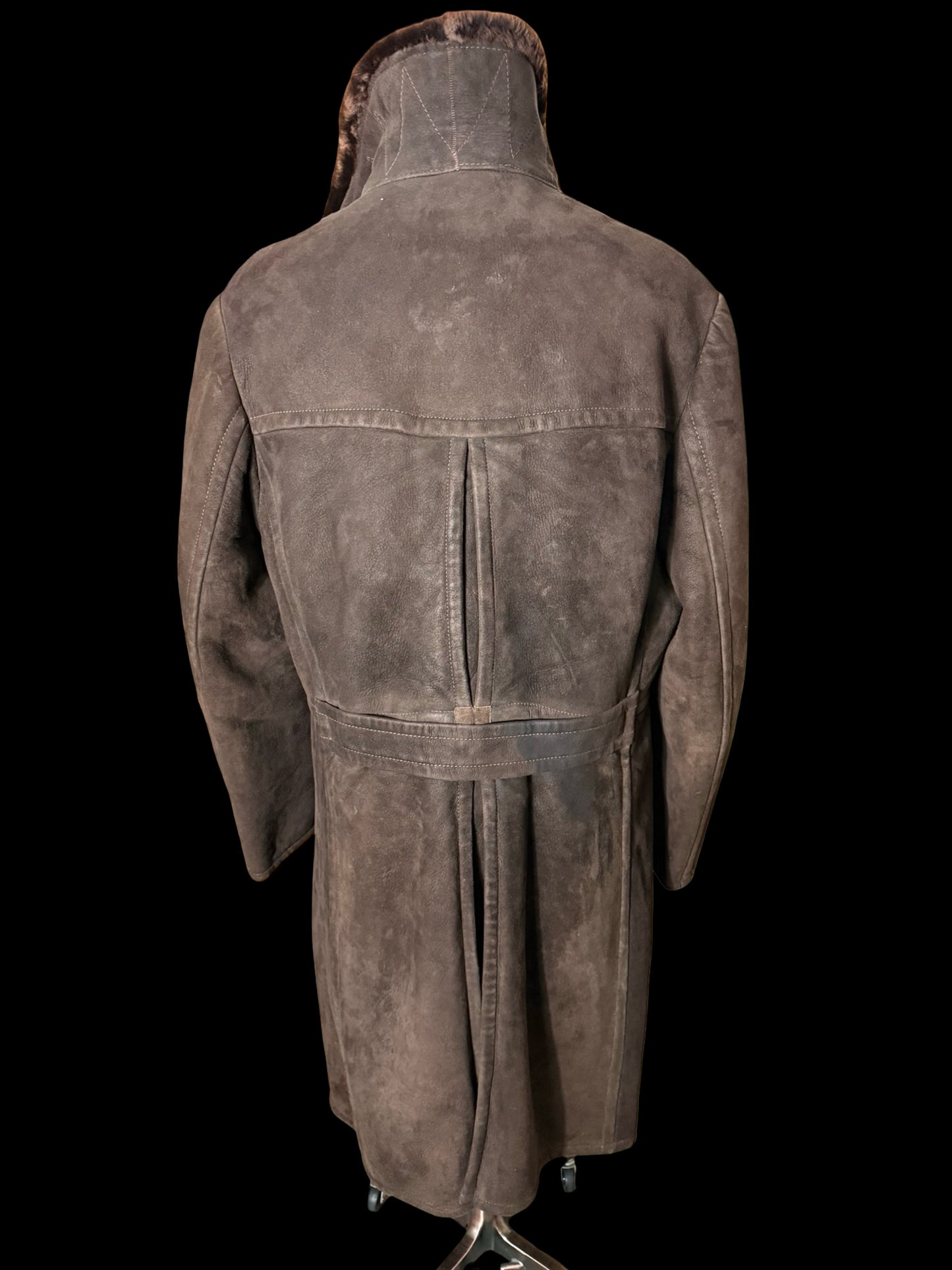 Vintage Men’s Double Breasted Sheepskin Overcoat 46” Dark Brown Back Belt