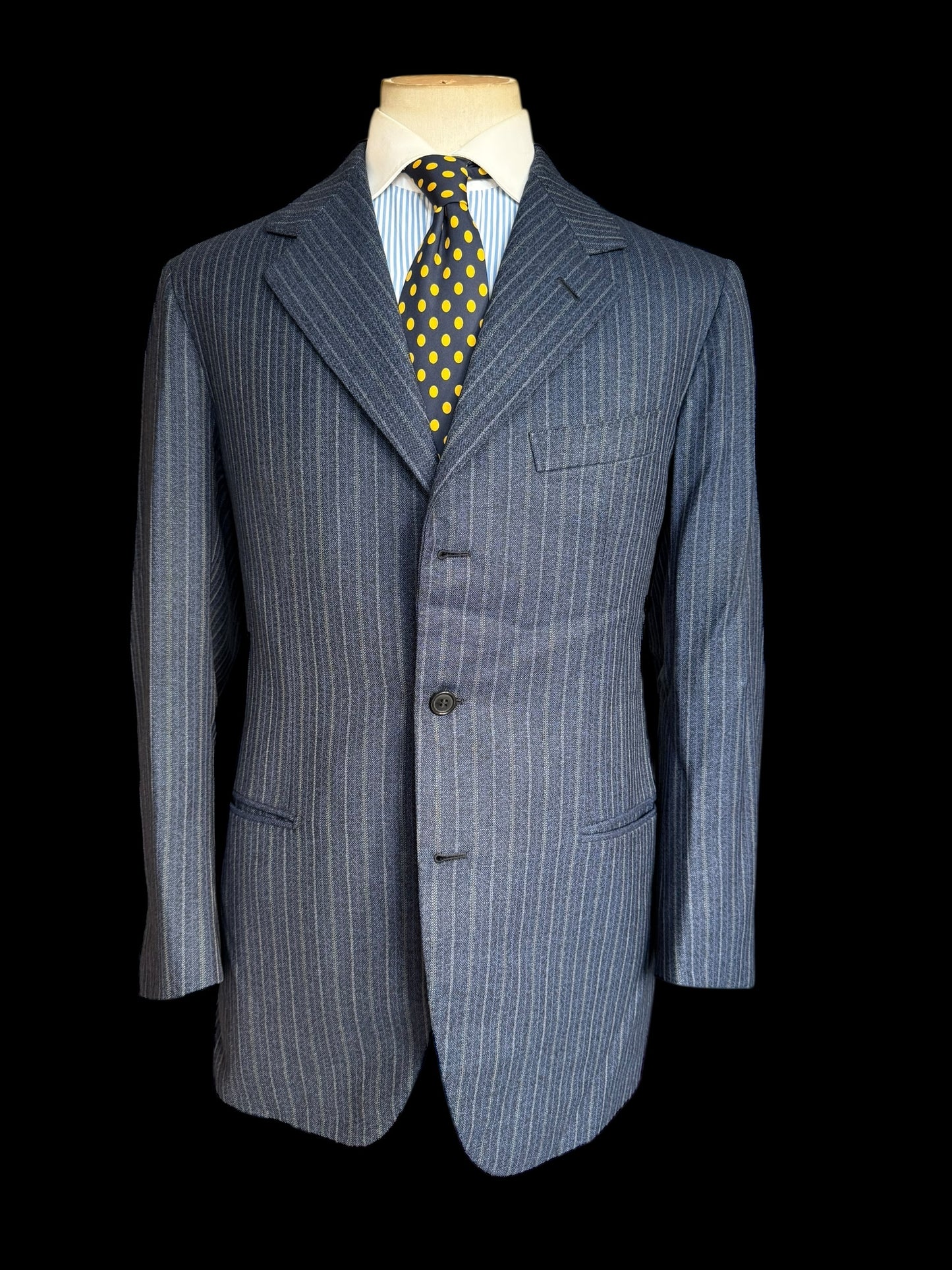 Bespoke Tommy Giulio Caraceni Blue Stripe Heavy Wool Suit 42S/ W34” 1940’s Style