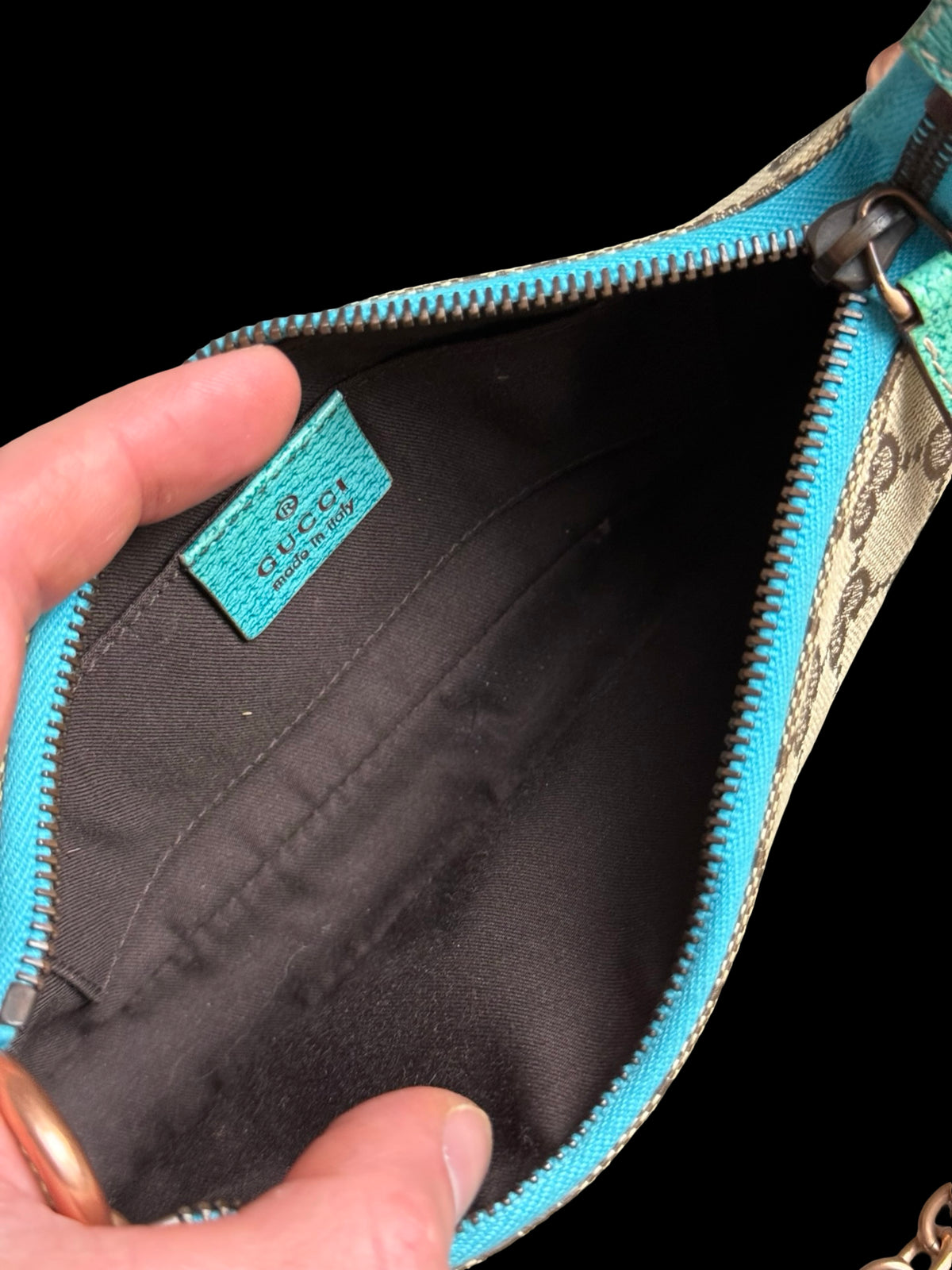 Vintage Gucci GG Canvas Nailhead Pochette Bag Brown/Turquoise Y2k Era Rare