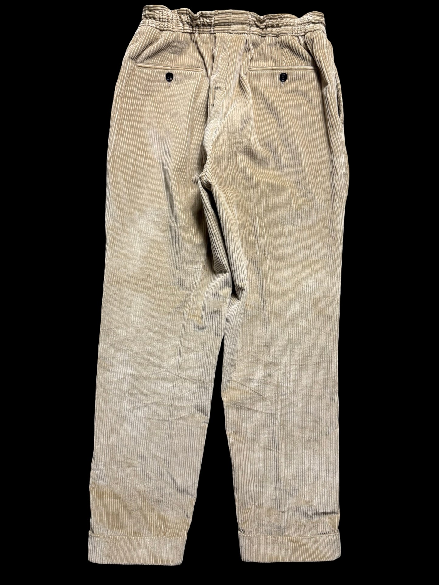 Natalino Sand Corduroy Pleat Front Trousers W32S Drawstring Elasticated Waist