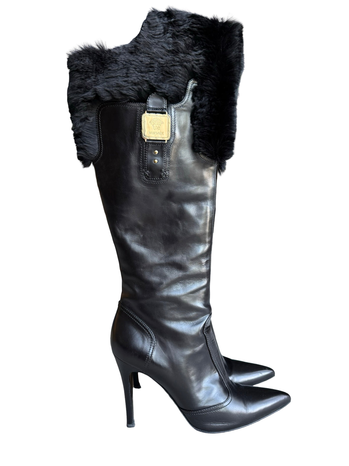 Vintage Versace Knee High Heels Size EU39 UK6 Fur Trim Vintage Rare