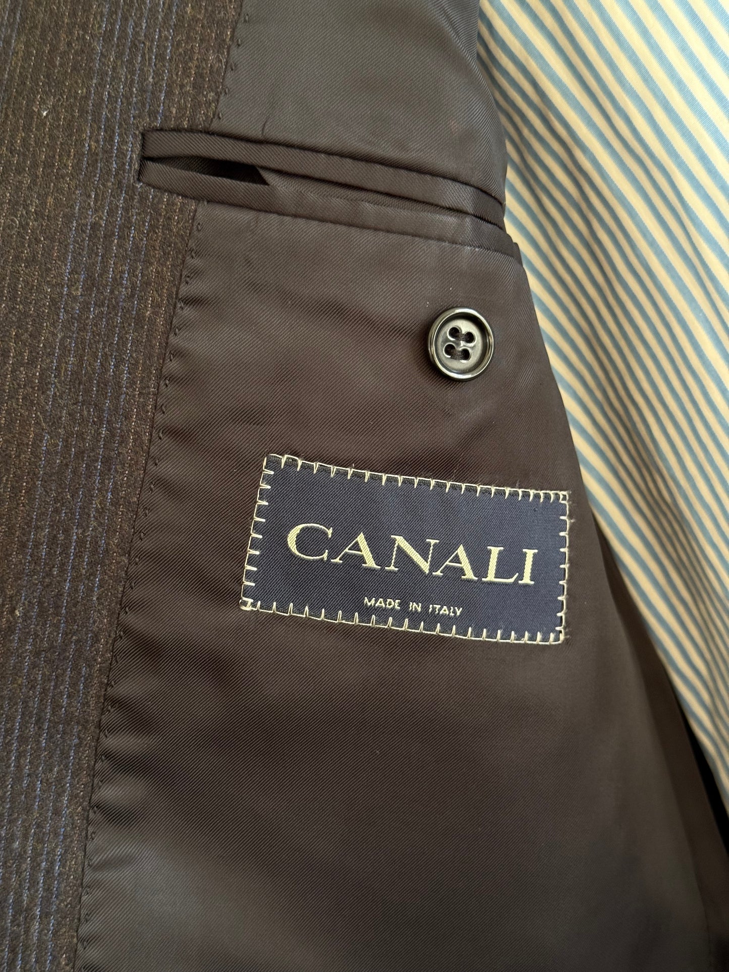 Canali Striped Flannel Suit 44L / W36R Navy & Brown Super 120’s Wool Full Canvas