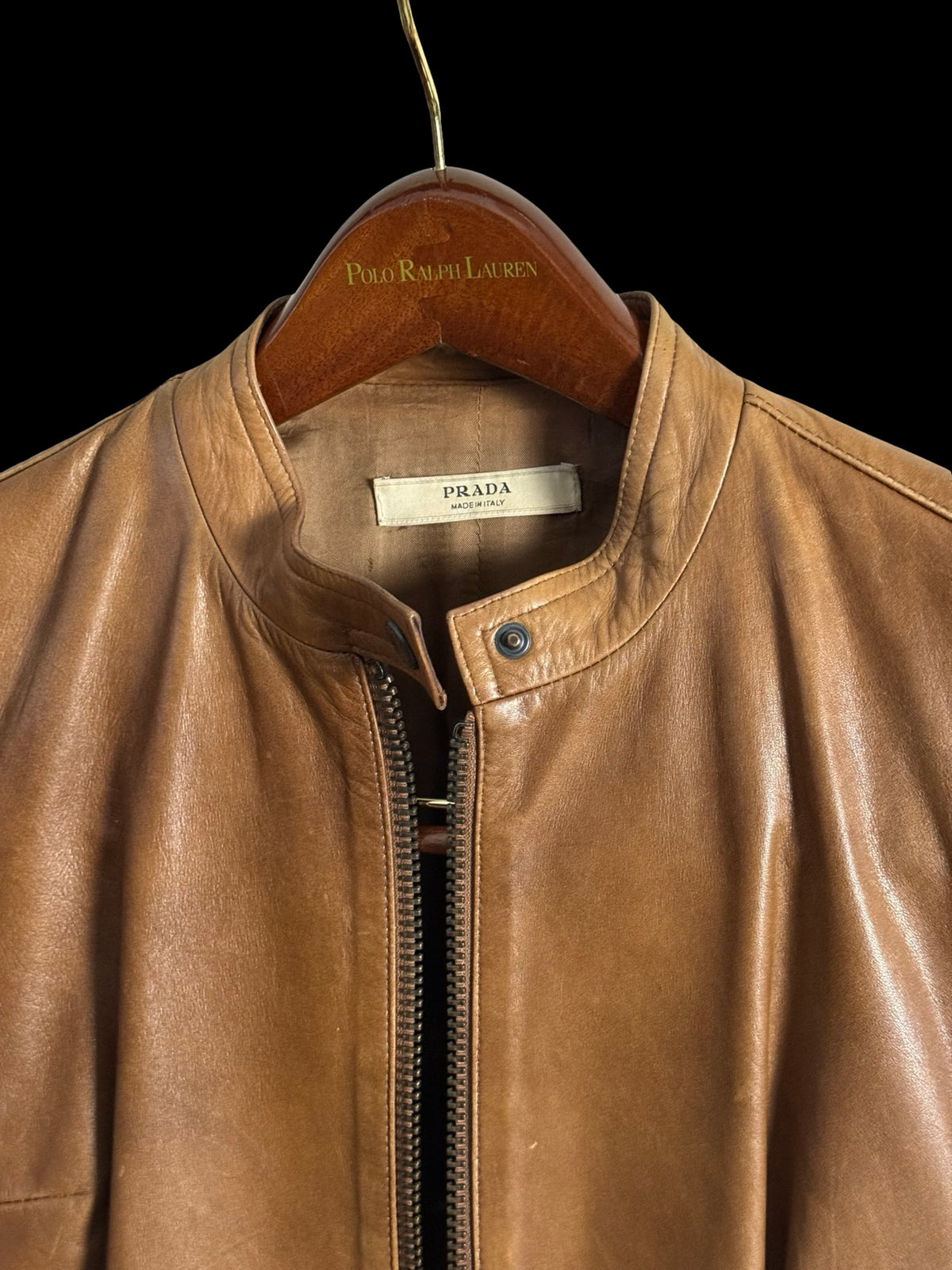 Vintage Womens Prada Racer Leather Jacket IT46 Light Brown