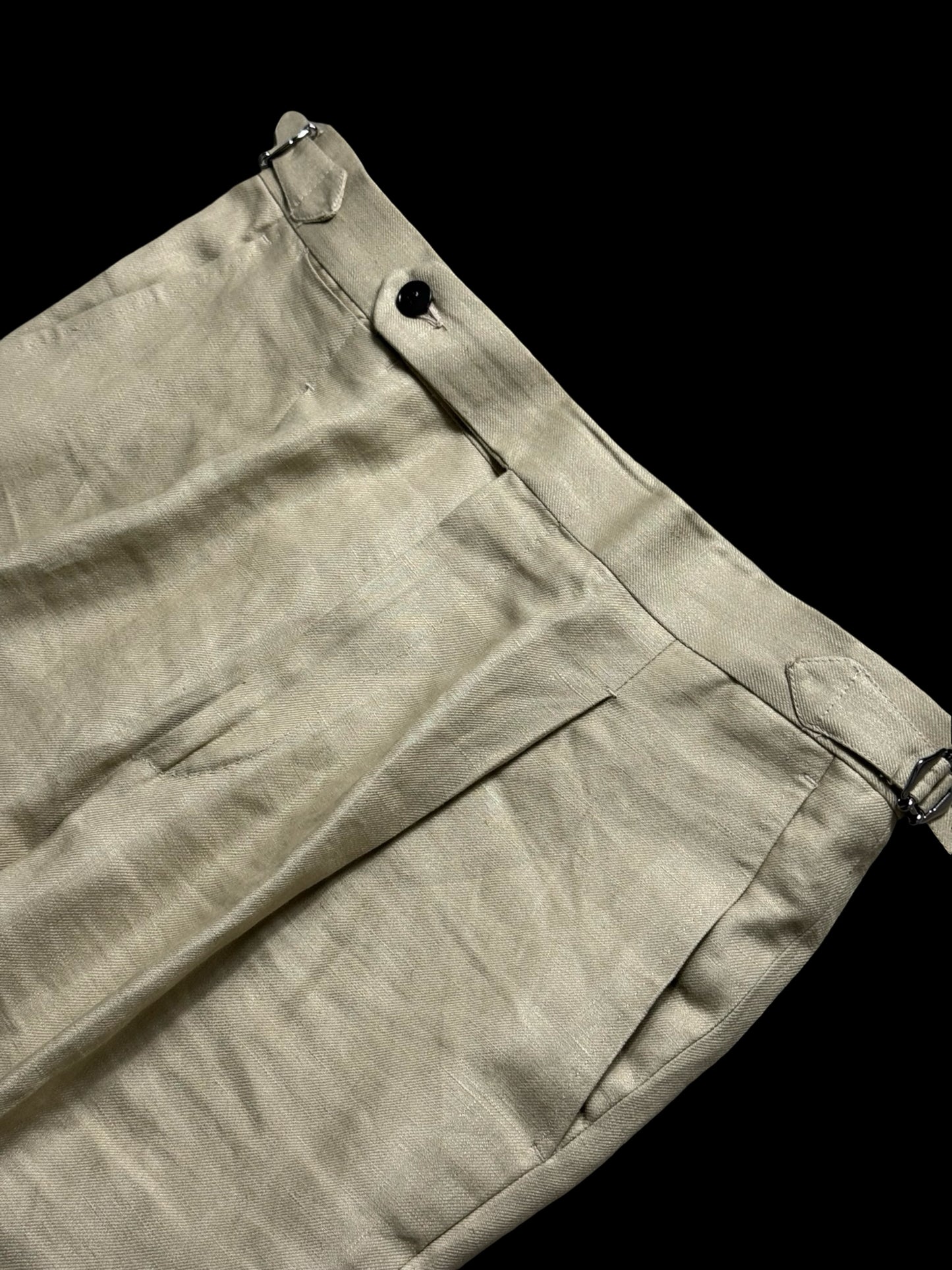 Natalino Single Pleat Khaki Irish Linen Trousers W32S Side Adjusters RRP £200