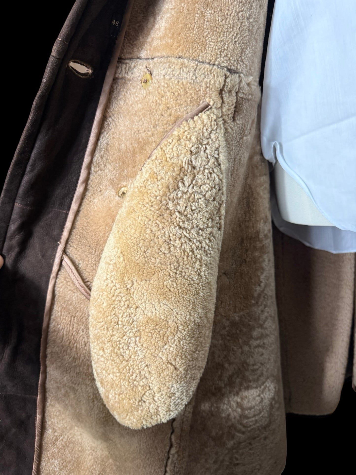 Vintage Men’s Double Breasted Sheepskin Overcoat 46” Dark Brown Back Belt