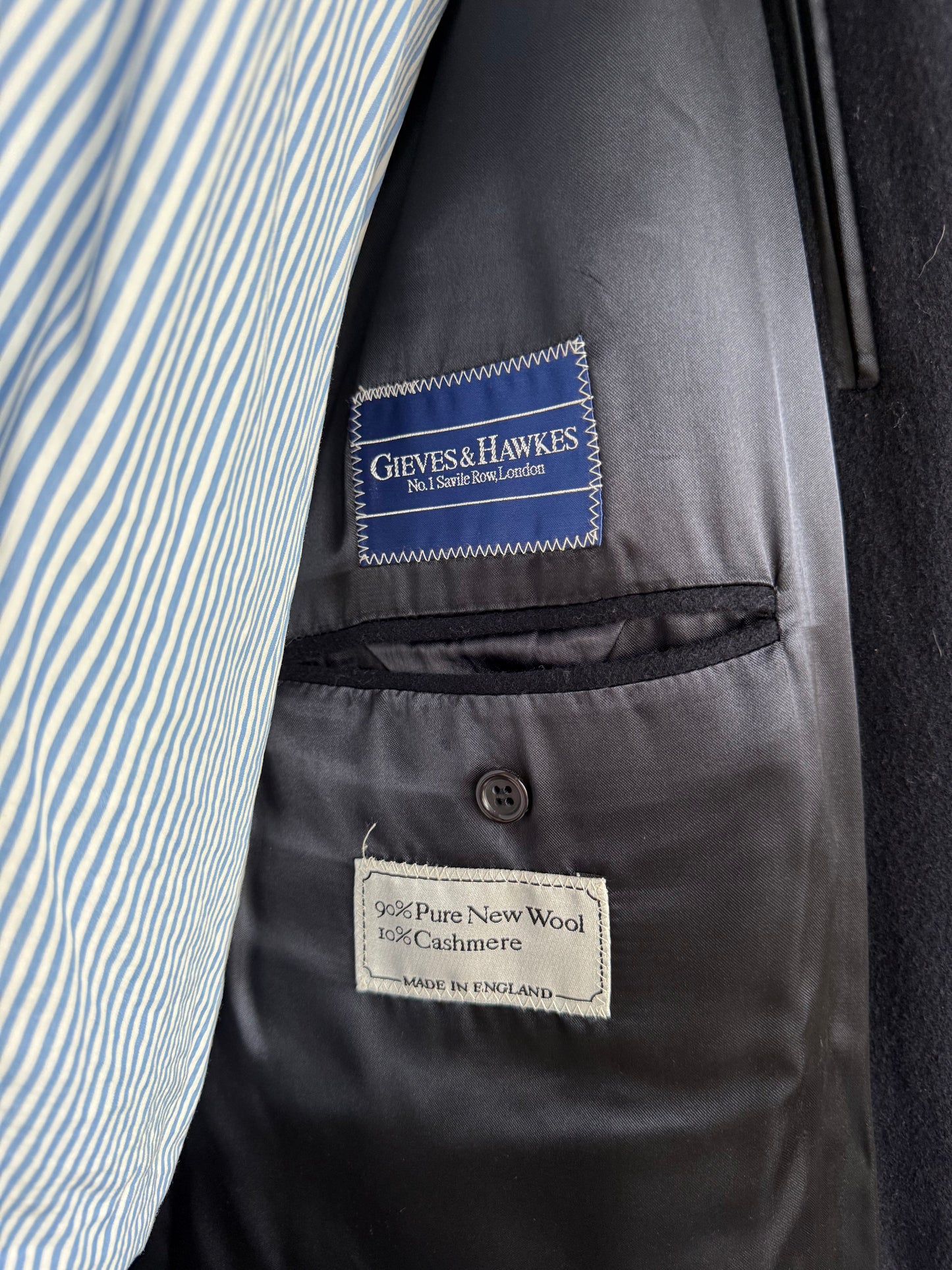 Gieves & Hawkes Navy Wool & Cashmere Overcoat 40L Made In England Savile Row