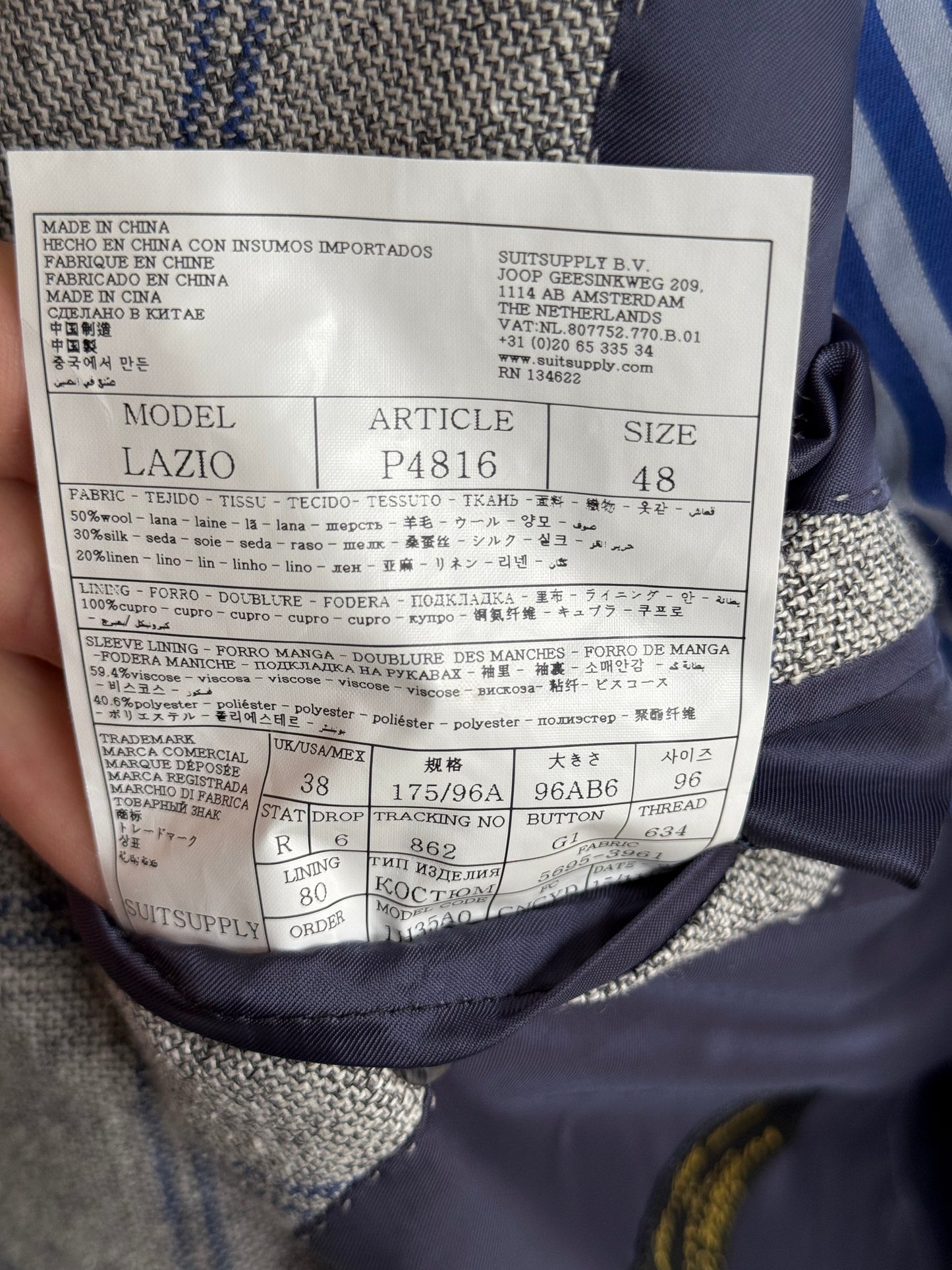 Suit Supply Lazio Wool Silk Linen Suit 38R / W36” Grey Blue Check