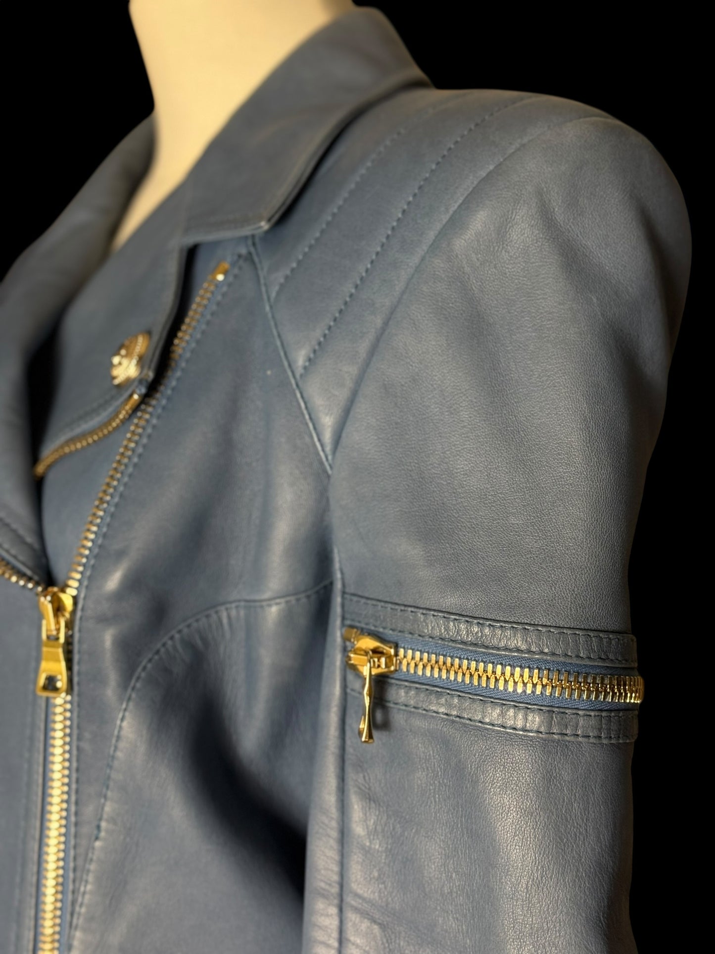Women’s Balmain Blue Leather Biker Jacket FR42 Large RRP £2k+