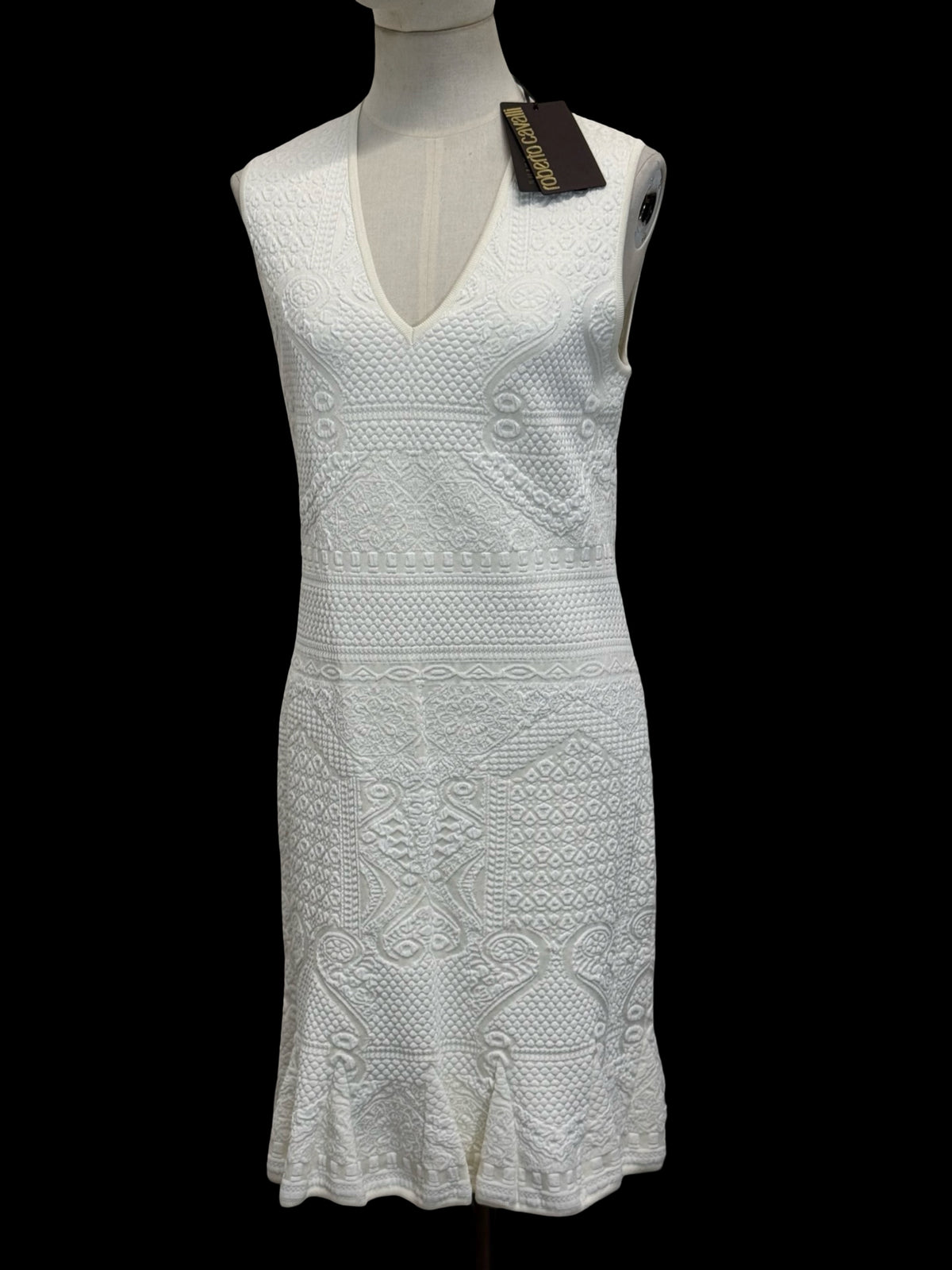 BNWT Roberto Cavalli White Knit Jacquard Sleeveless V-Neck Dress IT46 UK14