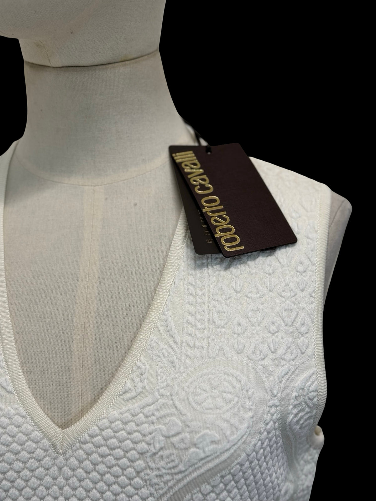 BNWT Roberto Cavalli White Knit Jacquard Sleeveless V-Neck Dress IT46 UK14